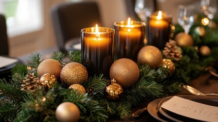 Festive Holiday Candles and Golden Baubles