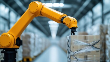 Automated robot handling boxes in a modern warehouse environment.