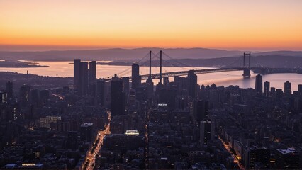 Fototapeta premium Generative AI, Golden Sunset Over a City and Suspension Bridge