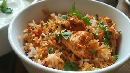 Fragrant and spicy chicken biryani rice preparation with boondi raita