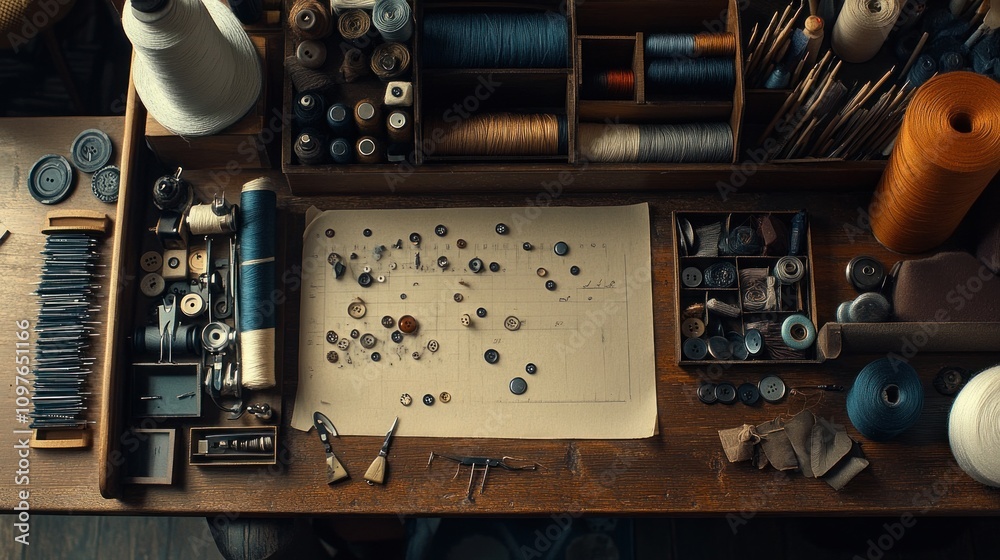 Poster A Tailors Workbench With Various Threads Buttons And Tools