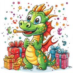 Fototapeta premium Playful Cartoon Dragon Surrounded by Colorful Gifts and Festive Decorations Perfect for Celebration and Party Themes, Ideal for Kids and Family-oriented Projects