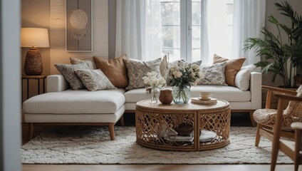 Interior design with furniture, boho Scandinavian style, home staging and minimalism concept