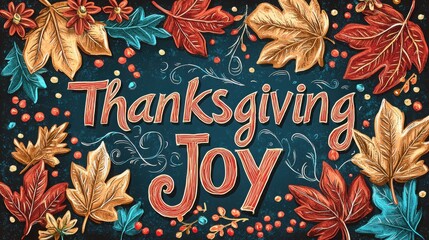 A colorful illustration celebrating Thanksgiving, featuring autumn leaves and the words "Thanksgiving Joy" in an artistic font.