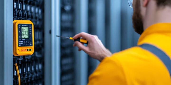 Technician using multimeter on electrical equipment in server room - Powered by Adobe