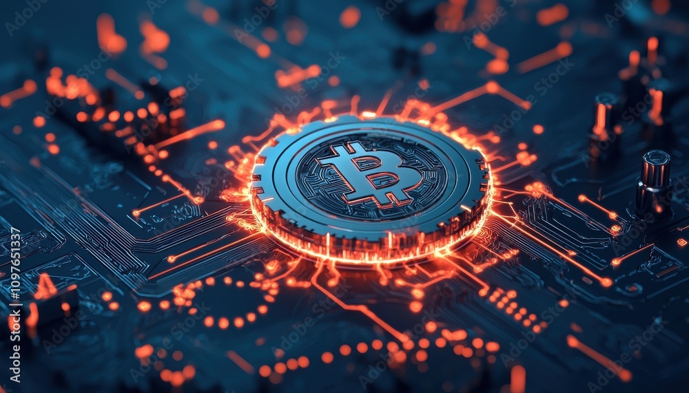 Poster futuristic digital representation of bitcoin with glowing circuits and patterns.