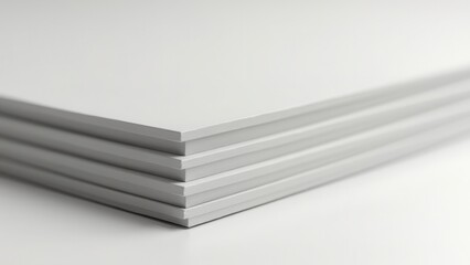 Drywall sheet. Stacked sheets of white paper lie on a flat surface, showcasing their clean edges and smooth texture in a minimalist style.