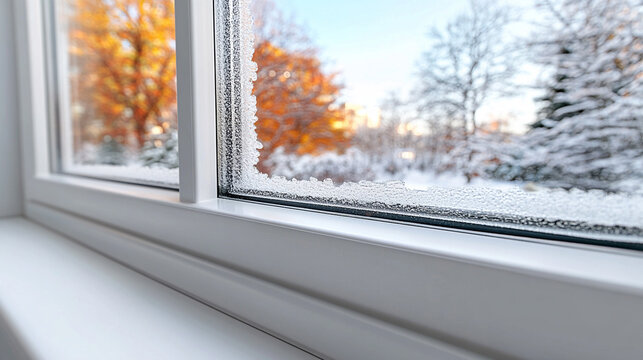 Fototapeta Close-up view of condensation on a double-glazed window symbolizing moisture, cold, temperature contrast, and the boundary between comfort and external weather elements