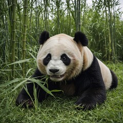 Obraz premium A panda rolling in a bamboo-filled grassy field.