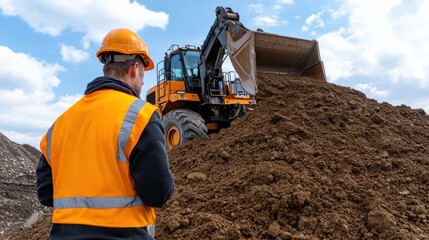 Obraz premium A worker in safety gear surveys a vast quarry, dwarfed by enormous machinery under the expansive sky, highlighting industrial scale.