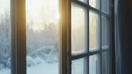 Fototapeta premium condensation on a double-glazed window symbolizing moisture, cold, temperature contrast, and the boundary between comfort and external weather elements