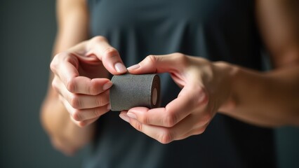 Elastic bandage for sports injuries. Hands gently hold a roll of gray fabric tape against a blurred dark background, suggesting preparation for an athletic activity.