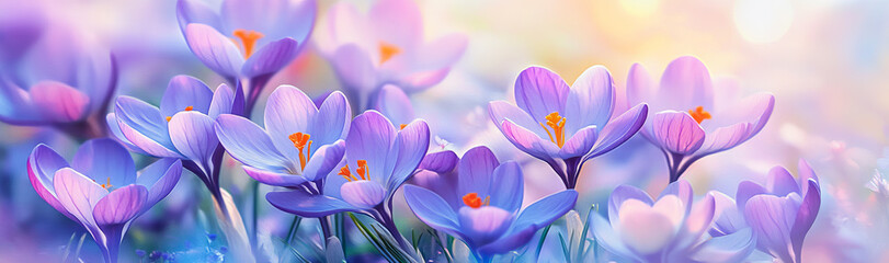 Fototapeta premium A cluster of purple crocuses in full bloom, standing gracefully on green leaves against a pastel background. A beautiful symbol of springtime renewal and hope.