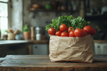 Fresh Red Tomatoes and Green Herbs in Brown Paper Bag Placed on Rustic Wooden Table in Cozy Kitchen Setting