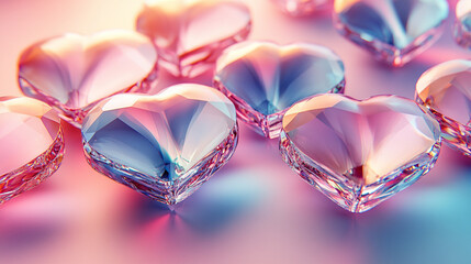 seamless pattern featuring iridescent crystal hearts with soft, glowing colors, creating a delicate and ethereal look that symbolizes love, beauty, and transformation through light and reflection