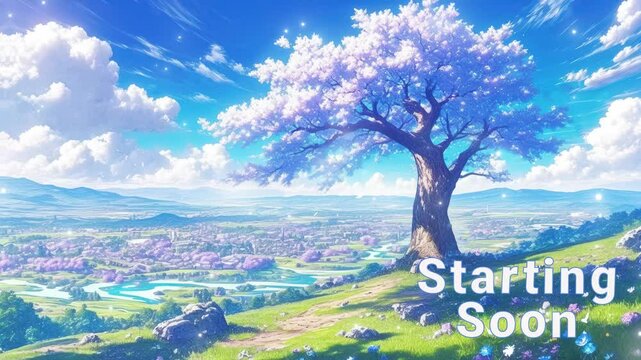 Cherry blossom tree shines in a vibrant landscape and clear sky. starting soon stream overlay seamless loop Vtuber streamer asset twitch zoom OBS screen animated wallpaper virtual background