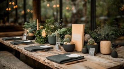 Charming rustic dining table adorned with greenery and elegant tableware for dining.