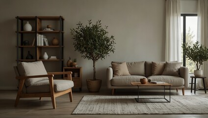 Interior of light living room with sofa, olive tree and shelf units