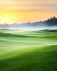 Naklejka premium A serene landscape featuring rolling green hills at sunrise, shrouded in mist with a warm glow illuminating the horizon.