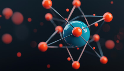 Obraz premium A vibrant 3D representation of an atom, showcasing a central nucleus surrounded by orbiting electrons, illustrating basic atomic structure and scientific concepts.
