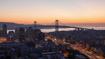 Fototapeta premium Generative AI, Golden Sunset Over a City and Suspension Bridge