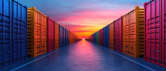 Fototapeta premium Vibrant sunset over a container yard, showcasing colorful shipping containers.
