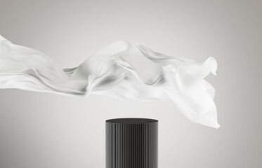 3D display podium white background. Luxury flying gray in motion. Glamour minimal black pedestal for beauty, cosmetic product presentation. Feminine copy space, template, studio 3d render