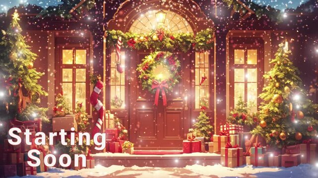 Cozy holiday home adorned with festive decorations welcomes winter cheer starting soon stream overlay seamless loop Vtuber streamer asset twitch zoom OBS screen animated wallpaper virtual background