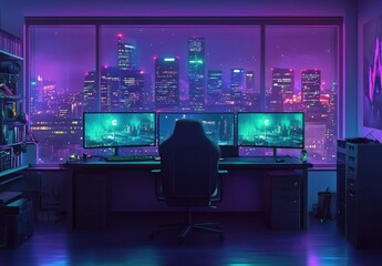 Fototapeta premium Futuristic Gaming Setup with Tri-Monitor Display Overlooking a Neon Cityscape at Night Featuring Cool Blue and Purple Lighting Ambiance