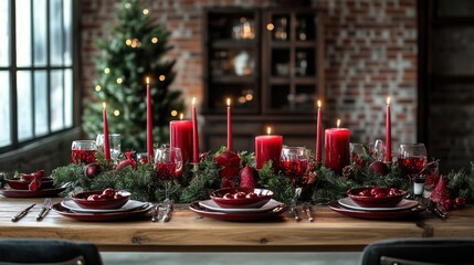 Elegant Holiday Table with Red Candlelight