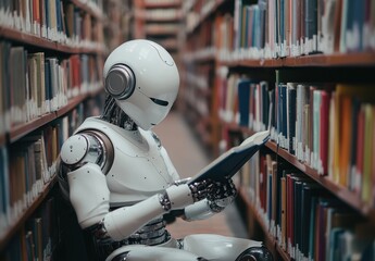 Fototapeta premium Futuristic Robot Reading Book in Library Surrounded by Shelves of Books, Symbolizing Technology, Knowledge, and Learning in Modern Society