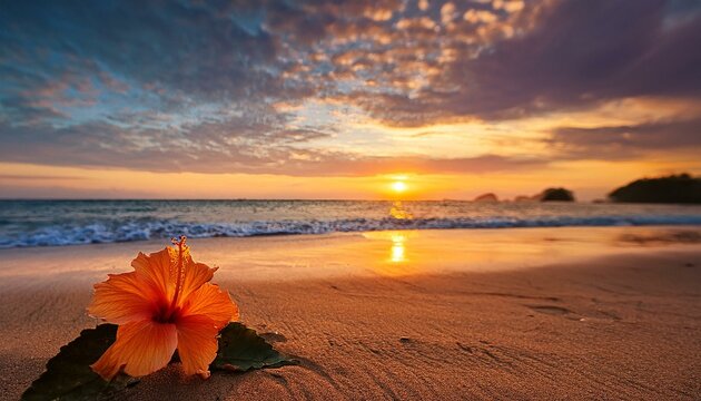 Beautiful sunset beach and hibiscus	
