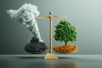 a balance scale weighing betwenn carbon credits and green forest