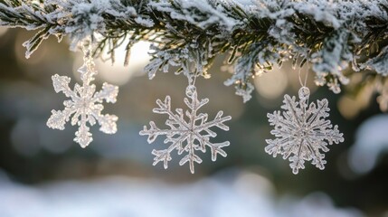 Naklejka premium Snowflake Ornaments Hanging from Evergreen Branches