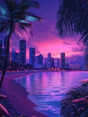 Night city panorama. Colorful landscape, retro neon futuristic cityscape. Beach downtown buildings, abstract urban recent vector background