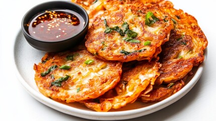 A plate of tangy kimchi pancakes served with a side of spicy dipping sauce, Each pancake crispy and filled with fermented cabbage