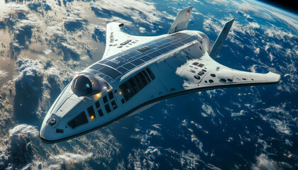 Fototapeta premium Renewable Energy Market Trends. solar powered spacecraft orbits Earth, showcasing advanced technology and design. sleek structure glides through atmosphere.