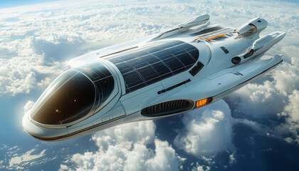 Fototapeta premium Renewable Energy Market Trends. solar powered spacecraft gliding through clouds, showcasing advanced technology and sleek design. Its solar panels reflect innovation.