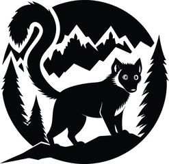 Black & White Marten Silhouette: Mountain Landscape, Wildlife Art, Forest Creature Illustration, Nature Graphic, Vector Design