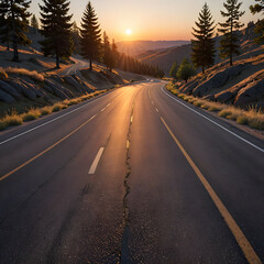 Fototapeta premium arafed road with trees on both sides and a sunset in the background