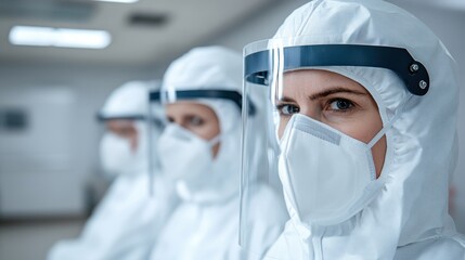Medical staff in full protective gear, poised and focused, ready to provide critical care in a clinical setting.