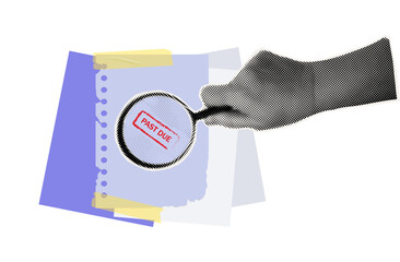 Bill unpaid. Past due, unpaid document. A woman's hand holds a magnifying glass and a paper page with debt. Overdue tax, financial report with red stamp. Notice to pay, repay the debt. Vector collage.