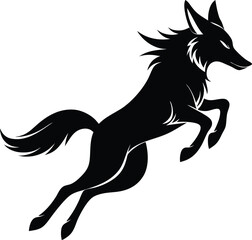Black Silhouette of a Leaping Coyote: Vector Illustration of Wild Animal, Wildlife Art, Tribal Style Design, Isolated on White