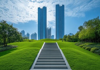 Obraz premium Lush Green Hills with Modern Skyscrapers in Urban Landscape, Stunning Outdoor Scene Under Clear Blue Sky, Captivating Architecture and Nature Harmony