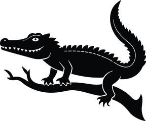 Black Silhouette Alligator on Branch Vector Illustration | Reptile Graphic Design | Wildlife Art | Animal Clipart | Crocodile Image