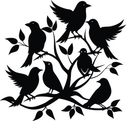 Silhouette Art: Seven Birds on Branches Vector Graphic - Bird Illustration, Nature, Wildlife, Black and White Design, Decorative Element