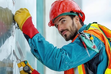 Close-up of technician adjusting wind turbine blades with precision tools, wind energy maintenance, renewable energy industry scene