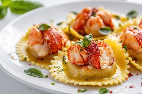 Delicious lobster ravioli garnished with basil.