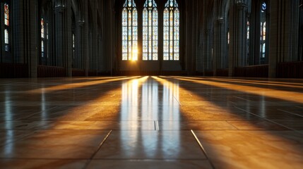 Fototapeta premium Golden sunlight streams through majestic Gothic windows, casting ethereal patterns on the cathedral’s serene and polished stone floor.