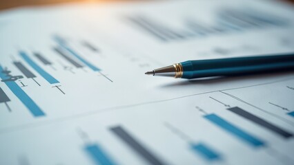 Newspaper with pen for investment research. A hand holds a pen, analyzing data charts with bar and pie graphs. The scene suggests financial planning or data analysis.